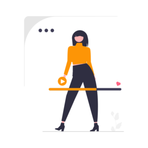 Illustration of a confident woman in an orange turtleneck and black pants, holding a play button above the progress bar opposite to the heart image on the right.