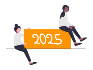 illustration featuring two females sitting on a sign that reads 2025