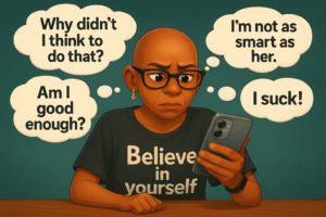 cartoon image of a woman looking at her phone with self-doubt thought bubbles around her