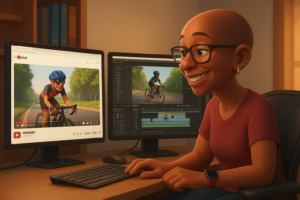 cartoon image of edie clarke looking at a computer screen
