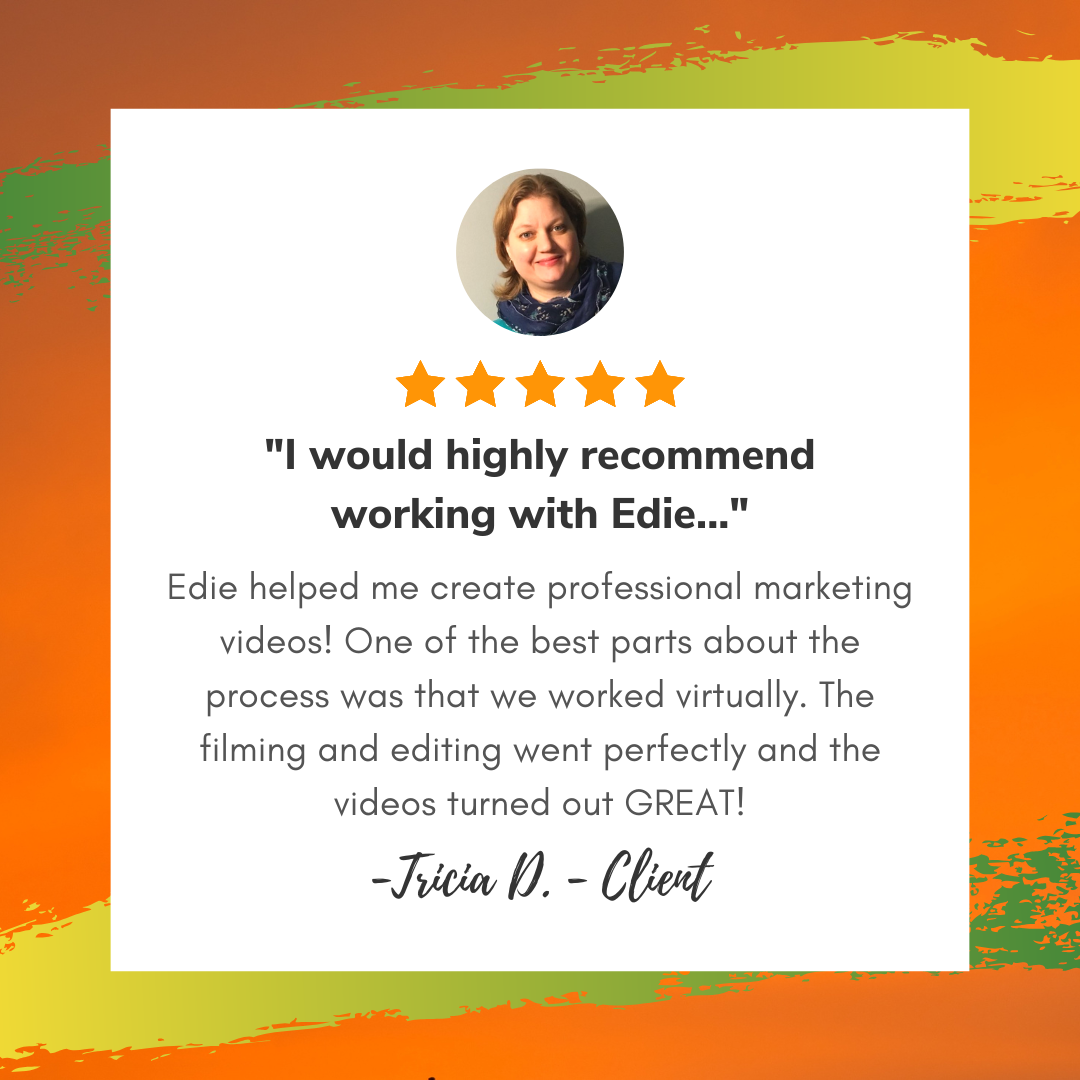Tricia colorful card with a profile image of a person and testimonial quote