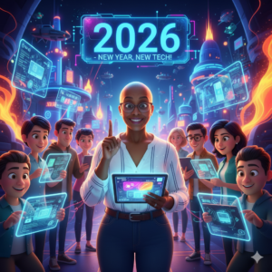 cartoon future black woman center with 2026 above her