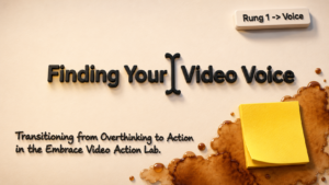 Alt text: 3D Pixar style presentation slide with a warm cream background and bold black 3D title text reading “Finding Your Video Voice.” A small raised label in the top right says “Rung 1 -> Voice.” The lower left features handwritten style text that reads, “Transitioning from Overthinking to Action in the Embrace Video Action Lab.” The bottom right corner includes a realistic coffee stain effect and a yellow sticky note, creating a creative workspace aesthetic with soft shadows and polished animated styling.