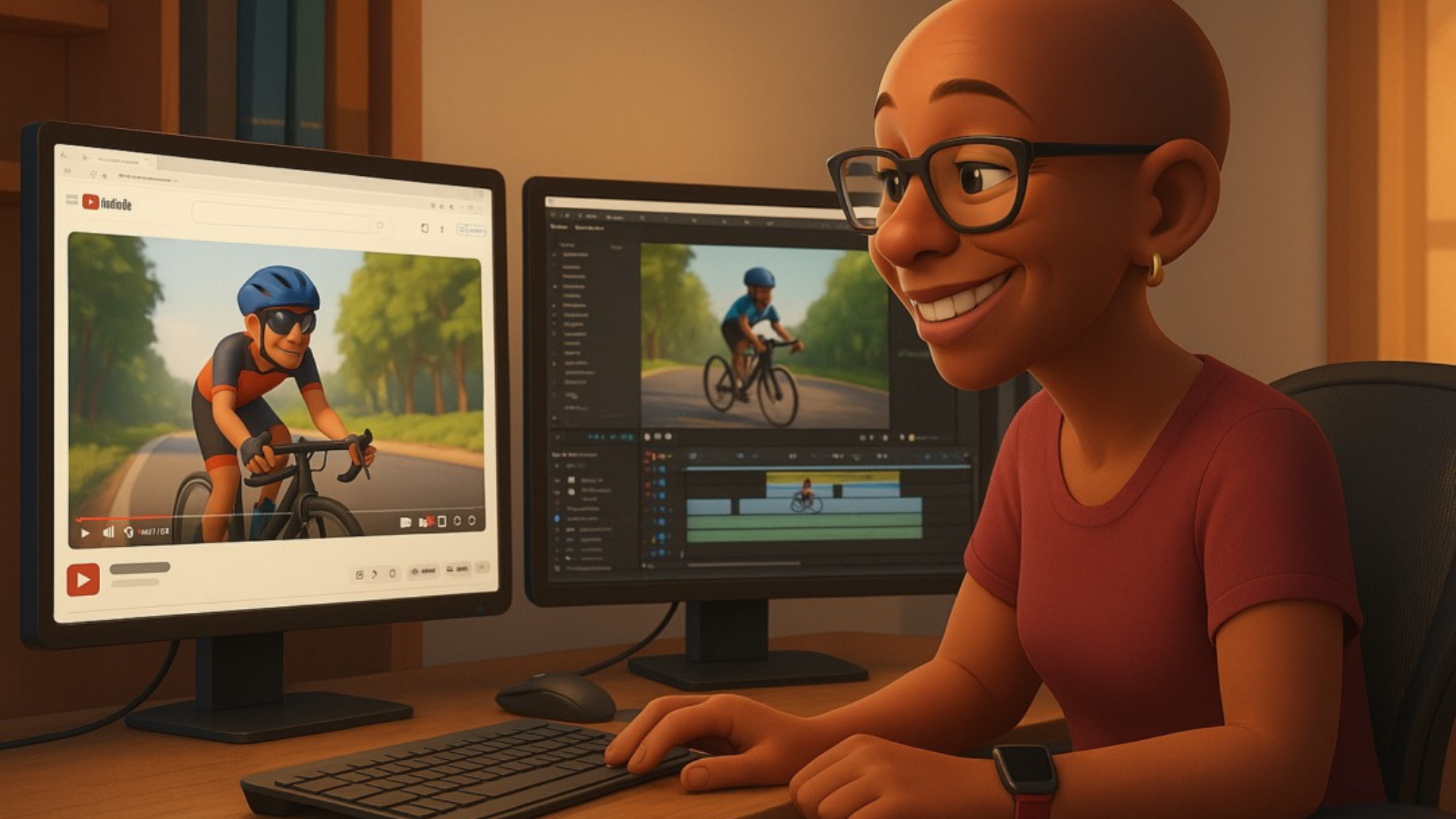 1. Cartoon illustration of Edie smiling confidently while working at a computer with video on screen