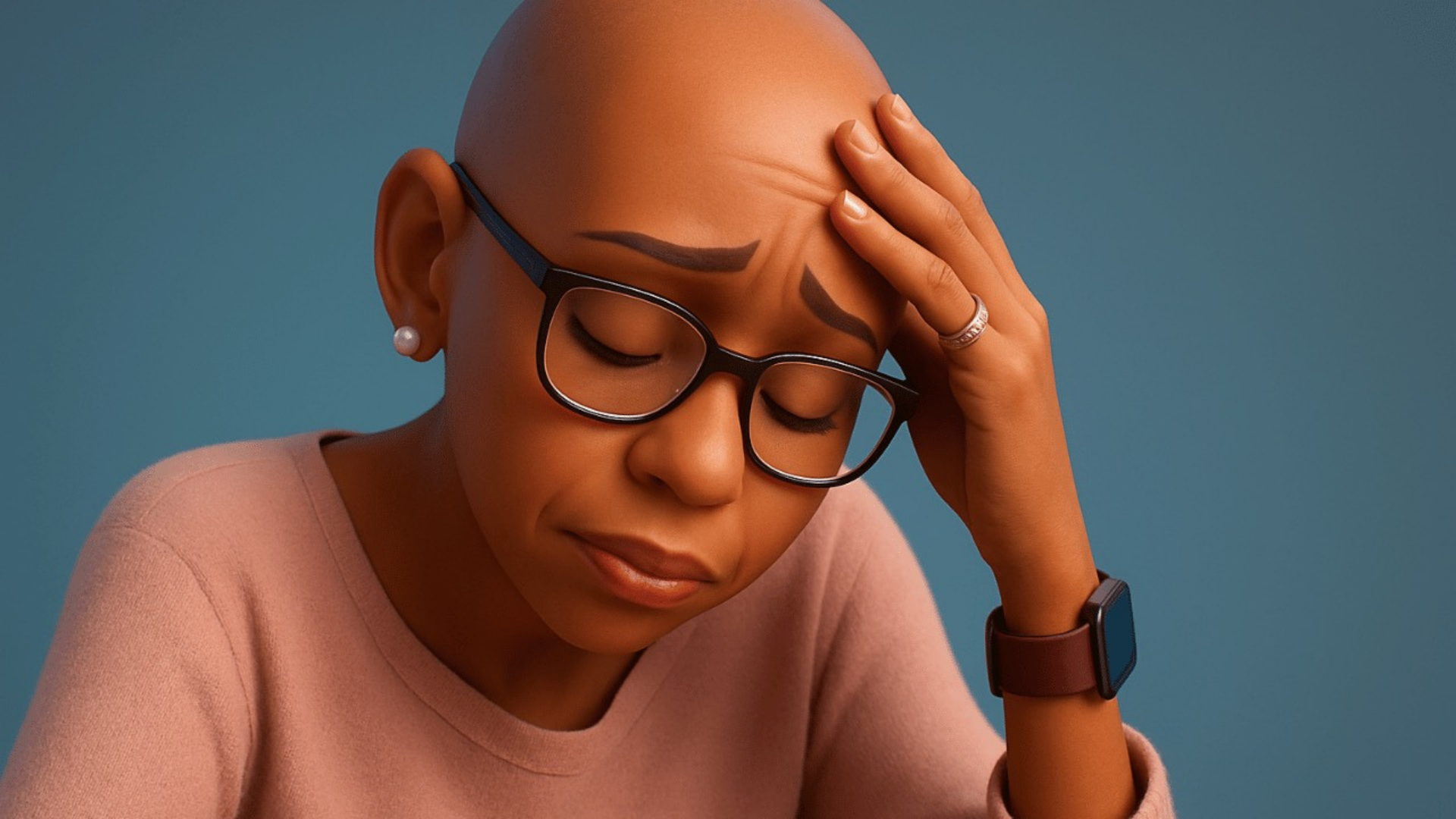 Cartoon illustration of Edie looking stressed with her hand on her forehead