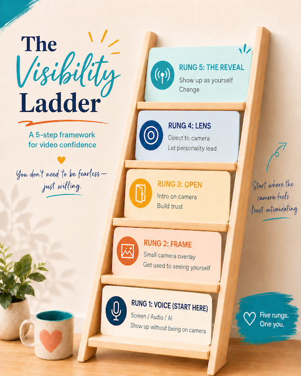 The Visibility Ladder five-step video confidence framework for camera-shy entrepreneurs, created by Edie Clarke.