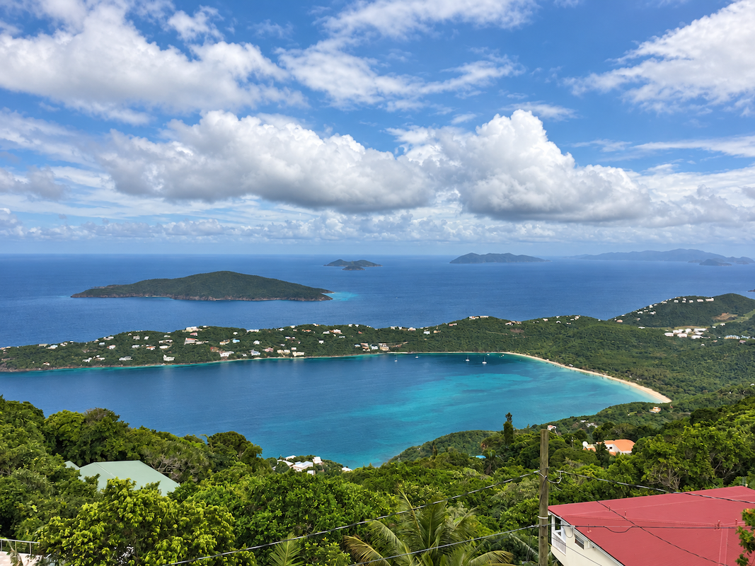 Panoramic view of St. Thomas coastline and turquoise water