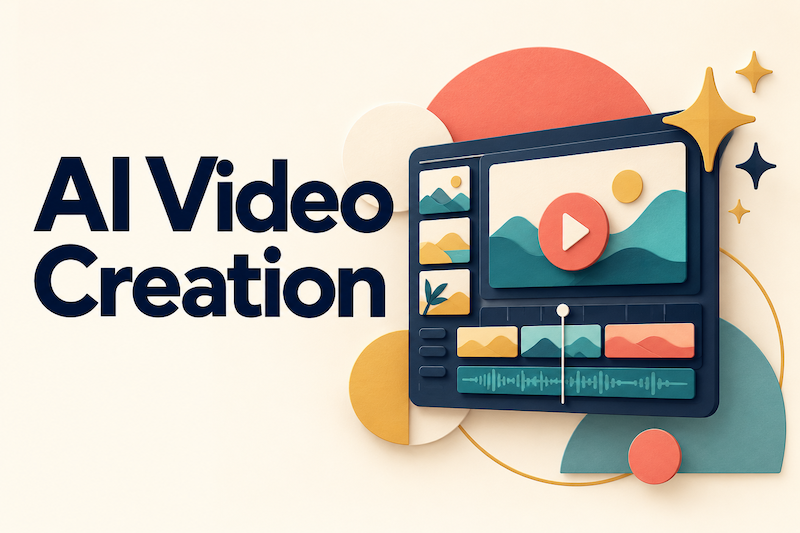 Illustration representing AI video creation with a video editing screen and media icons