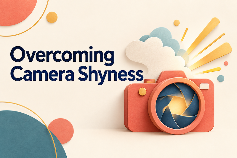 Illustration representing overcoming camera shyness with a camera and colorful graphic elements