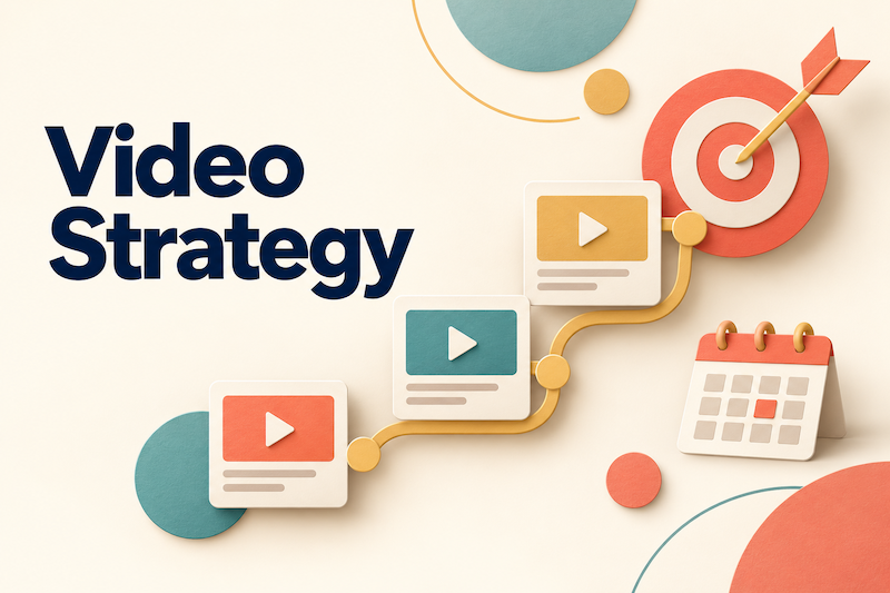 Illustration representing video strategy with video icons, a target, and a content planning path