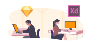 animated man and woman at computer designing